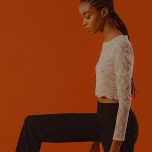 ZARA Peach Long Sleeve Round Neck Zip Back Scalloped Hem Crop Top size Medium